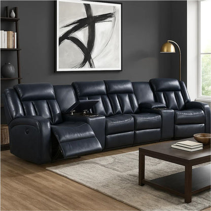 Max 5 Piece Manual Recliner Sectional Set, Vegan Faux Leather, Navy Blue - View 7