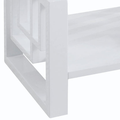 22 Inch Wood End Table, Geometric Frame, 1 Shelf, Glossy White - View 5