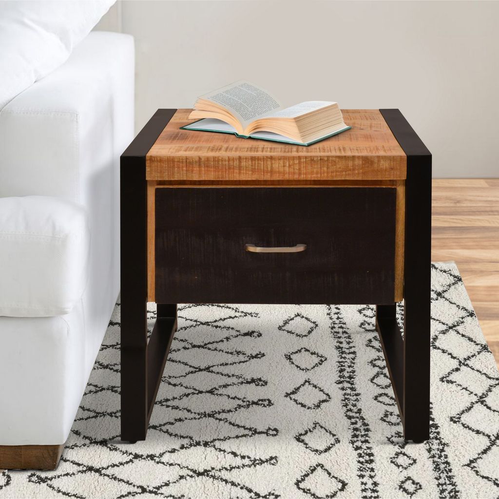24 Inch Single Drawer Mango Wood Bedside Table, Iron Sled Style Base, Brown, Black - View 7