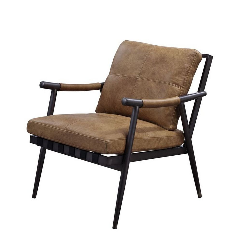 Accent Chair with Leatherette Seat and Tubular Frame, Brown - View 3