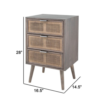 Cae 28 Inch Dresser Chest, 3 Drawers, Pine Wood, Rattan Panels, Dark Gray - View 5