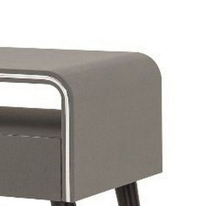 Curved Edge 1 Drawer Nightstand with Chrome Trim, Gray and Brown - View 2
