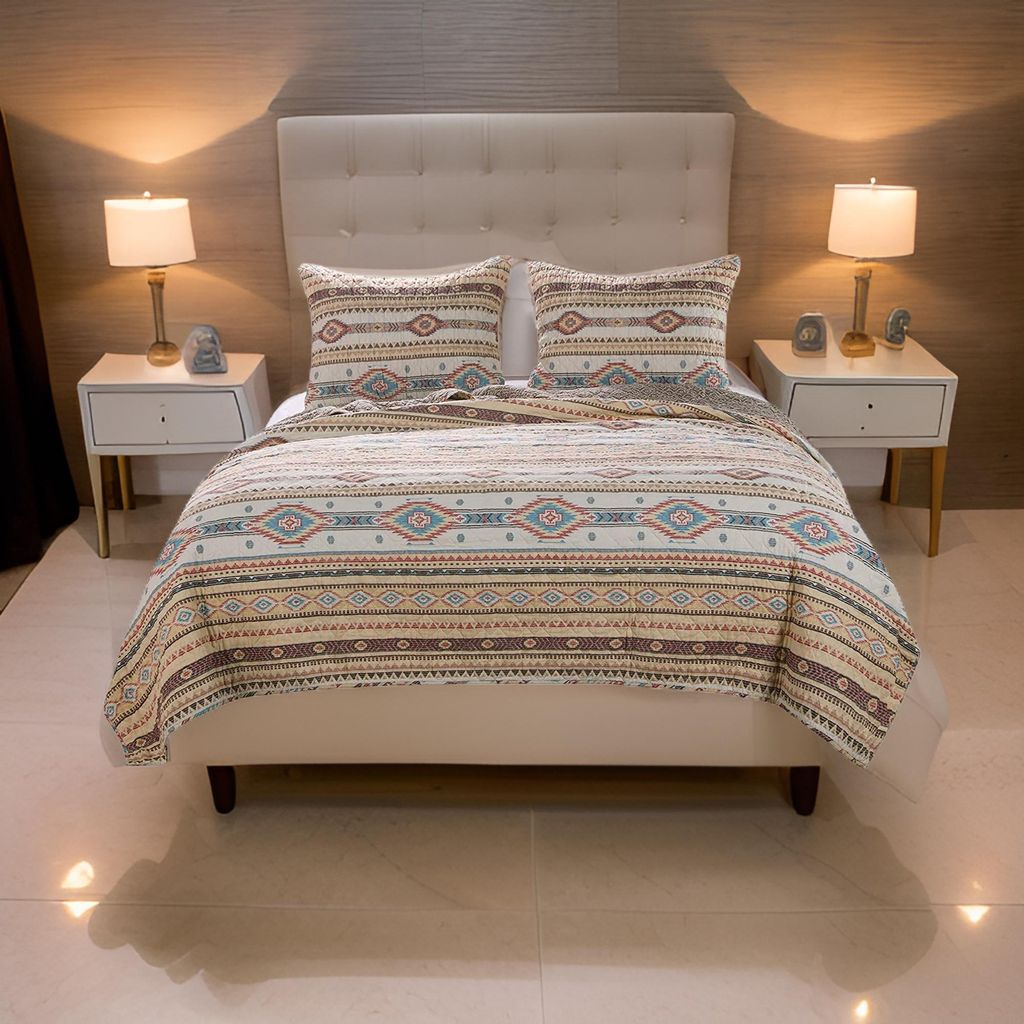Full Size 3 Piece Polyester Quilt Set with Kilim Pattern, Multicolor - View 7