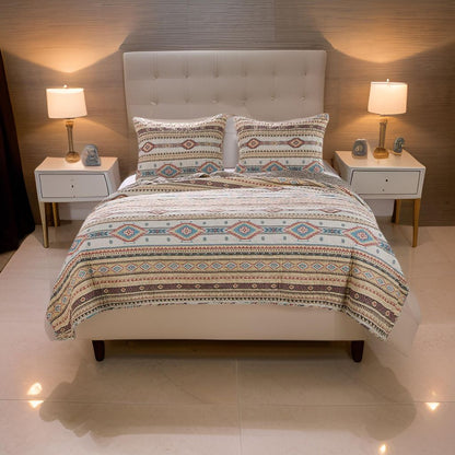 Full Size 3 Piece Polyester Quilt Set with Kilim Pattern, Multicolor - View 7