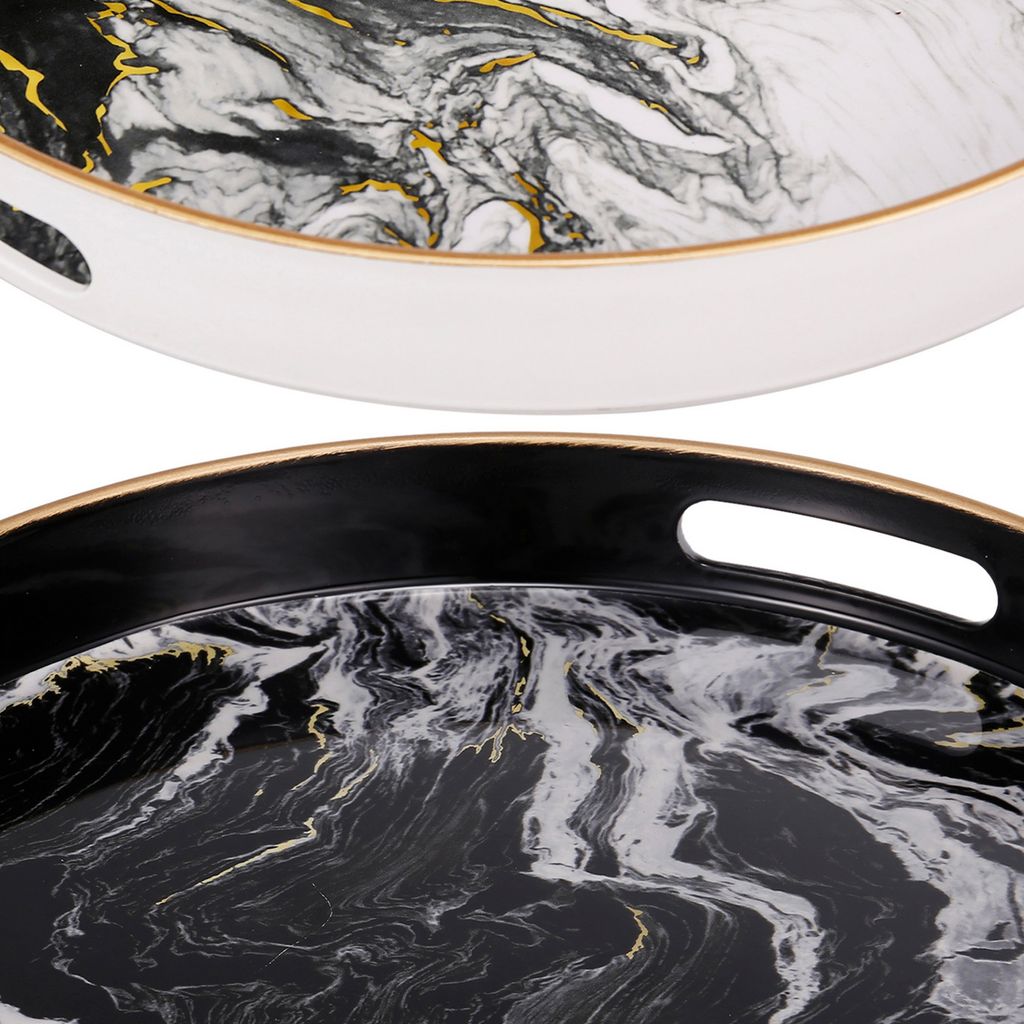 Set of 2 Round Accent Trays, Tabletop Decor, Marbling, Black, White, Gold - View 2