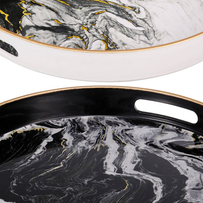 Set of 2 Round Accent Trays, Tabletop Decor, Marbling, Black, White, Gold - View 2