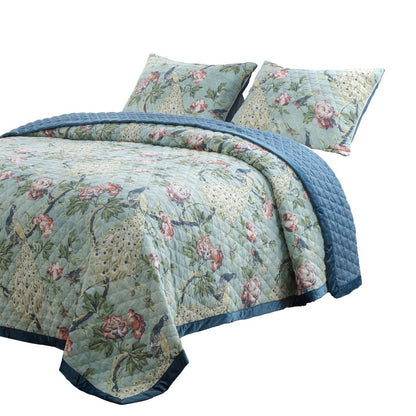 Eden 3 Piece King Quilt Set, Peacock Print, Green Microfiber - View 2