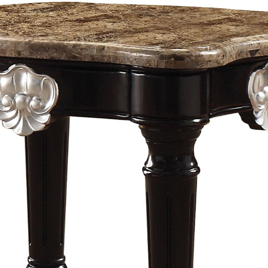 Marble Top End Table With Contrast Carved Motif Turned Wood Legs, Black - View 4