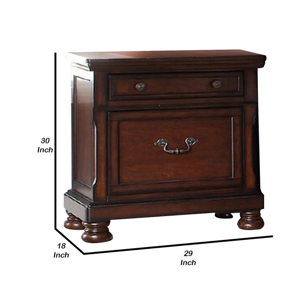 Two Drawers Wooden Nightstand with Bun Feet, Brown - View 6