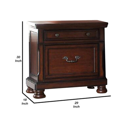 Two Drawers Wooden Nightstand with Bun Feet, Brown - View 6