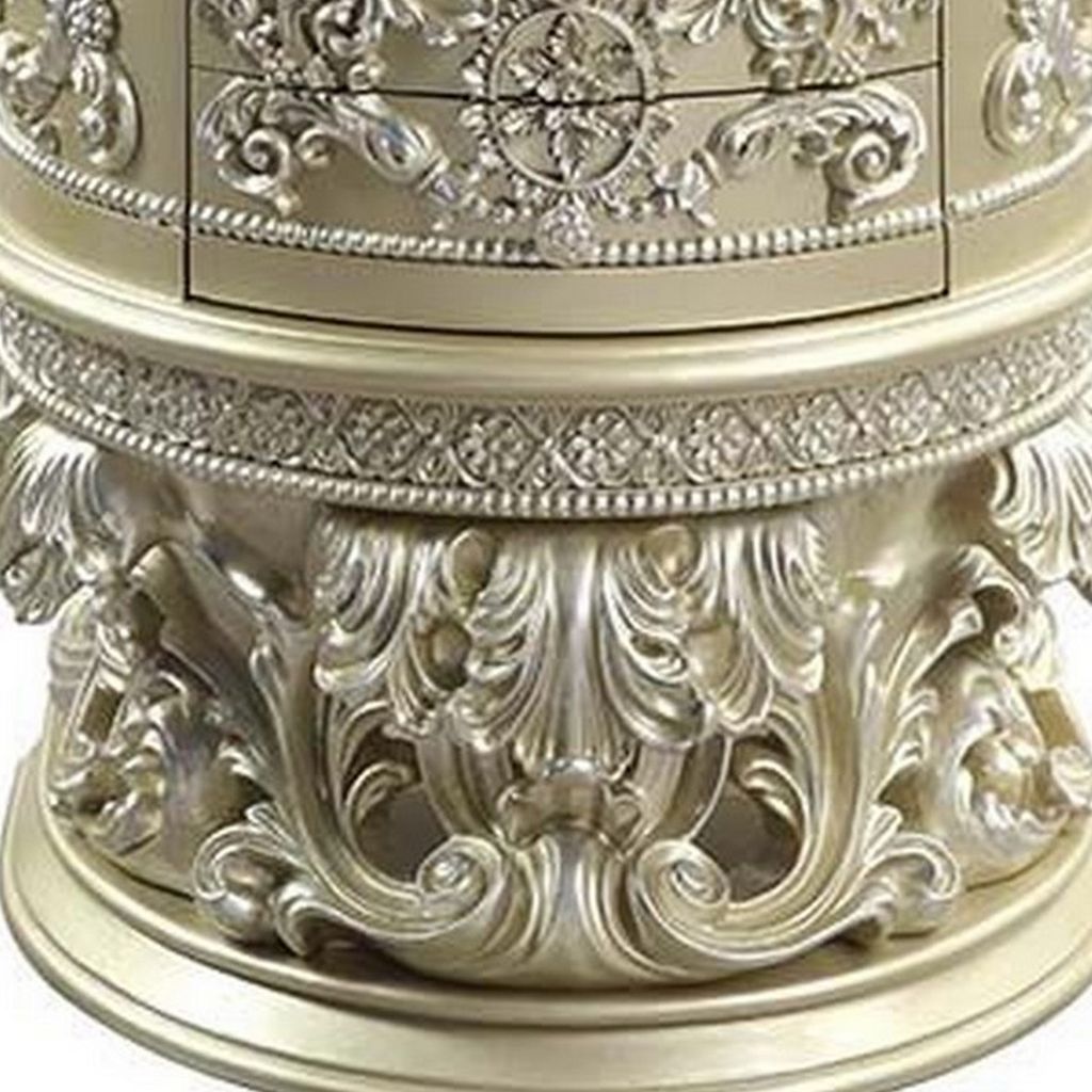 Nightstand with Scrolled Carvings and Half Moon Shape, Champagne Silver - View 4