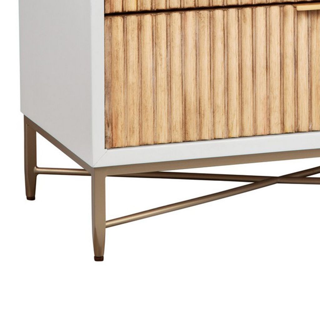 Eli 34 Inch 3 Drawer Small Dresser Nightstand, Corrugated Panels, White, Gold - View 4
