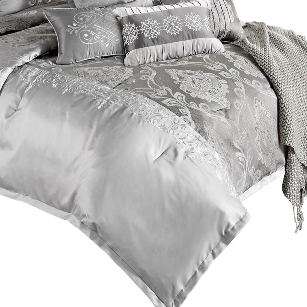 12 Piece King Polyester Comforter Set with Medallion Print, Platinum Gray - View 2