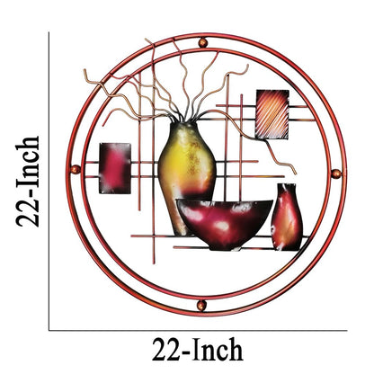 22 Inch Round Metal Wall Decor With Vase, Multicolor - View 6