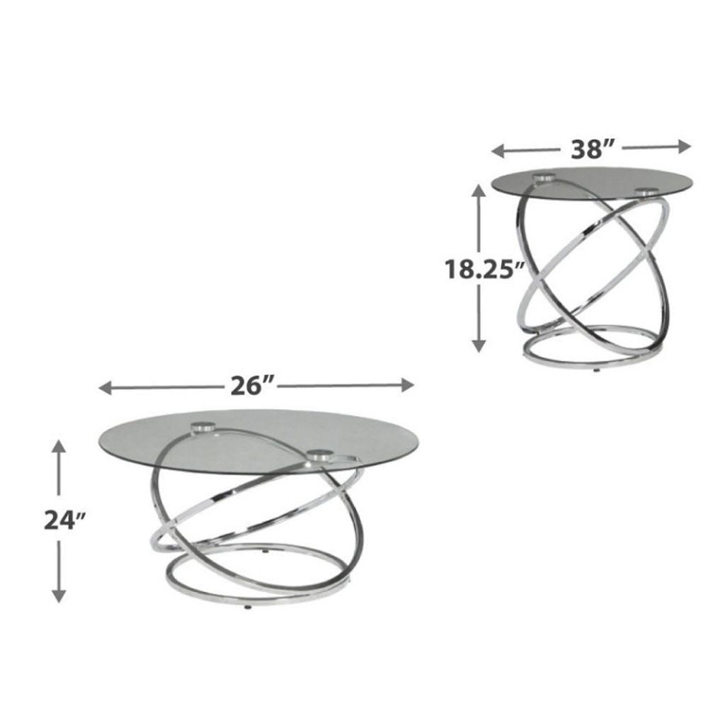 3-Piece Coffee and Side End Table Set | Round Glass Tops with Swirl Chrome Steel Bases | Silver - View 6