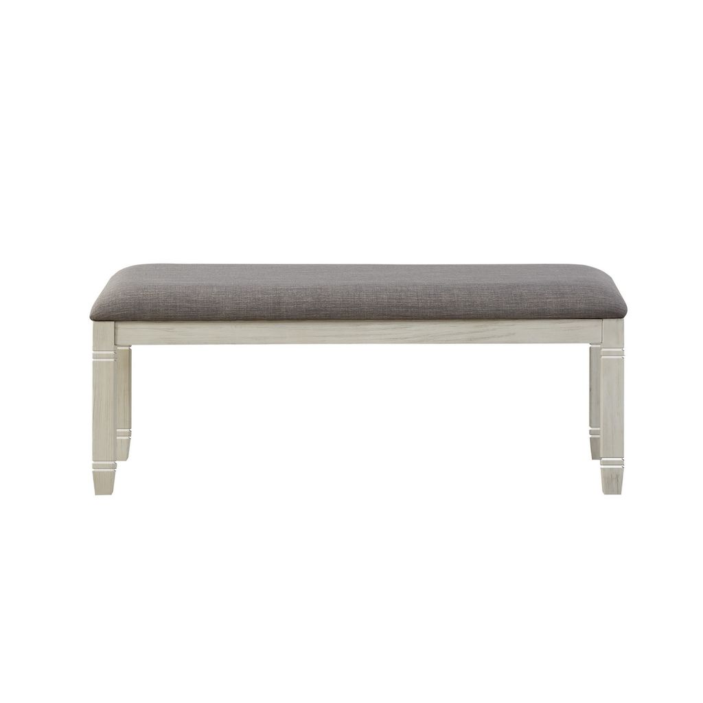 Fabric Upholstered Padded Bench with Tapered Feet, Antique White and Gray - View 2