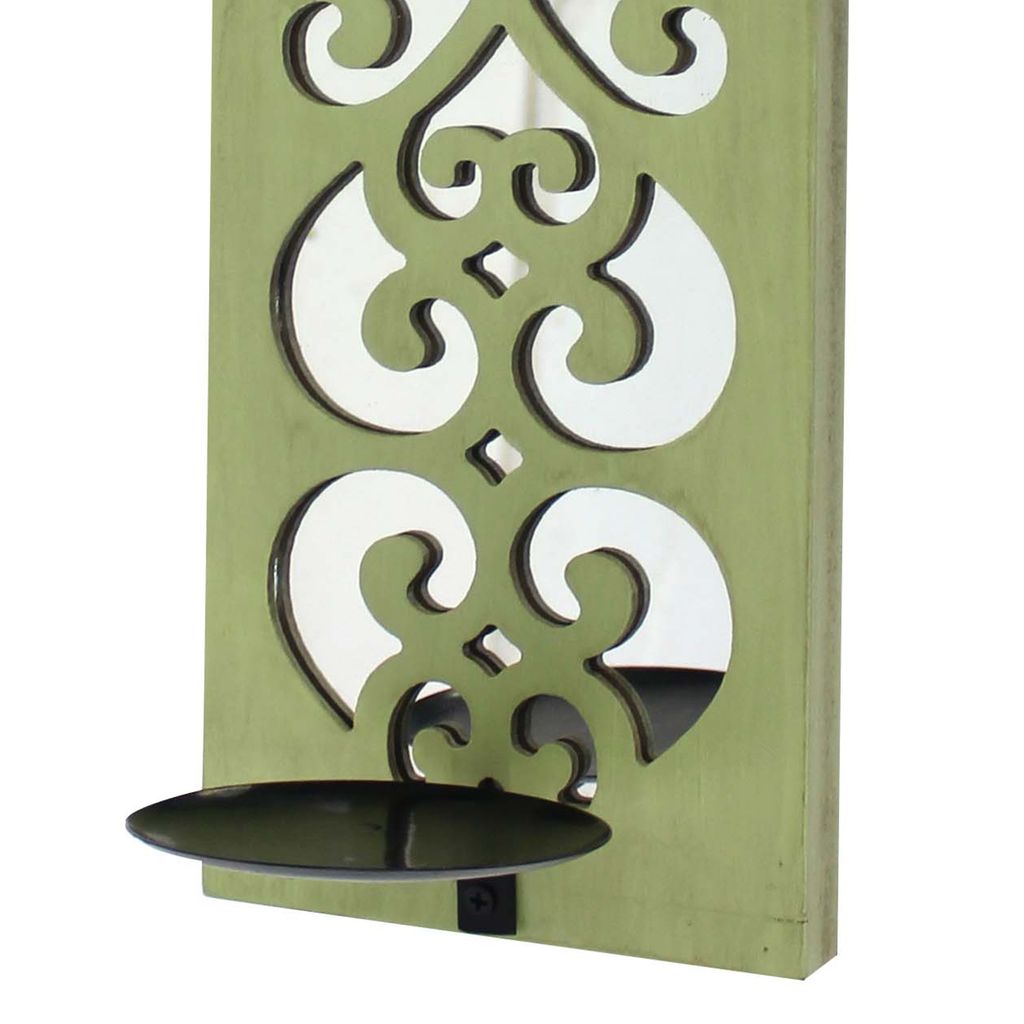 Quatrefoil Pattern Wooden Candle holder Set of 2 with Mirror Insert, Green - View 3
