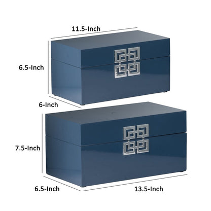Neo 14, 11 Inch Set of 2 Decorative Boxes, Geometric Metal Accents, Blue - View 5