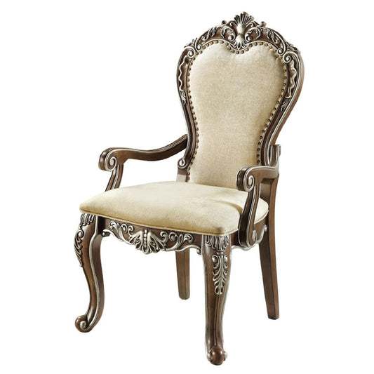 24 Inch Classic Upholstered Armchair, Scrolled Details, Nailhead, Brown