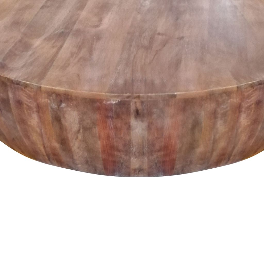 Arthur Handcarved 48 Inch Drum Shape Round Top Mango Wood Distressed Wooden Coffee Table, Brown - View 3