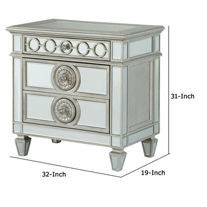 Mirror Accented Wooden Nightstand with 3 Storage Drawers, Silver - View 5