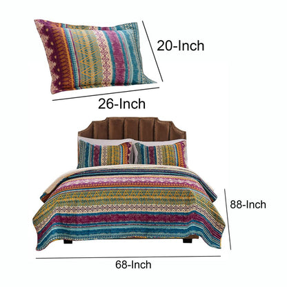Tribal Motif Print Cotton Twin Quilt Set with 1 Pillow Sham, Multicolor - View 4