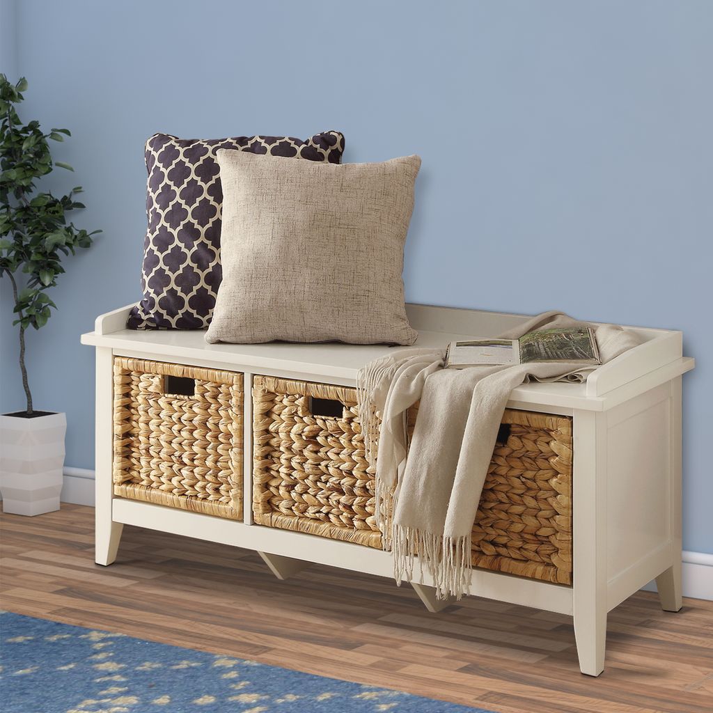Rectangular Wooden Bench with Storage Basket, White - View 7