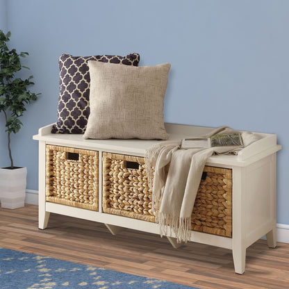 Rectangular Wooden Bench with Storage Basket, White - View 7