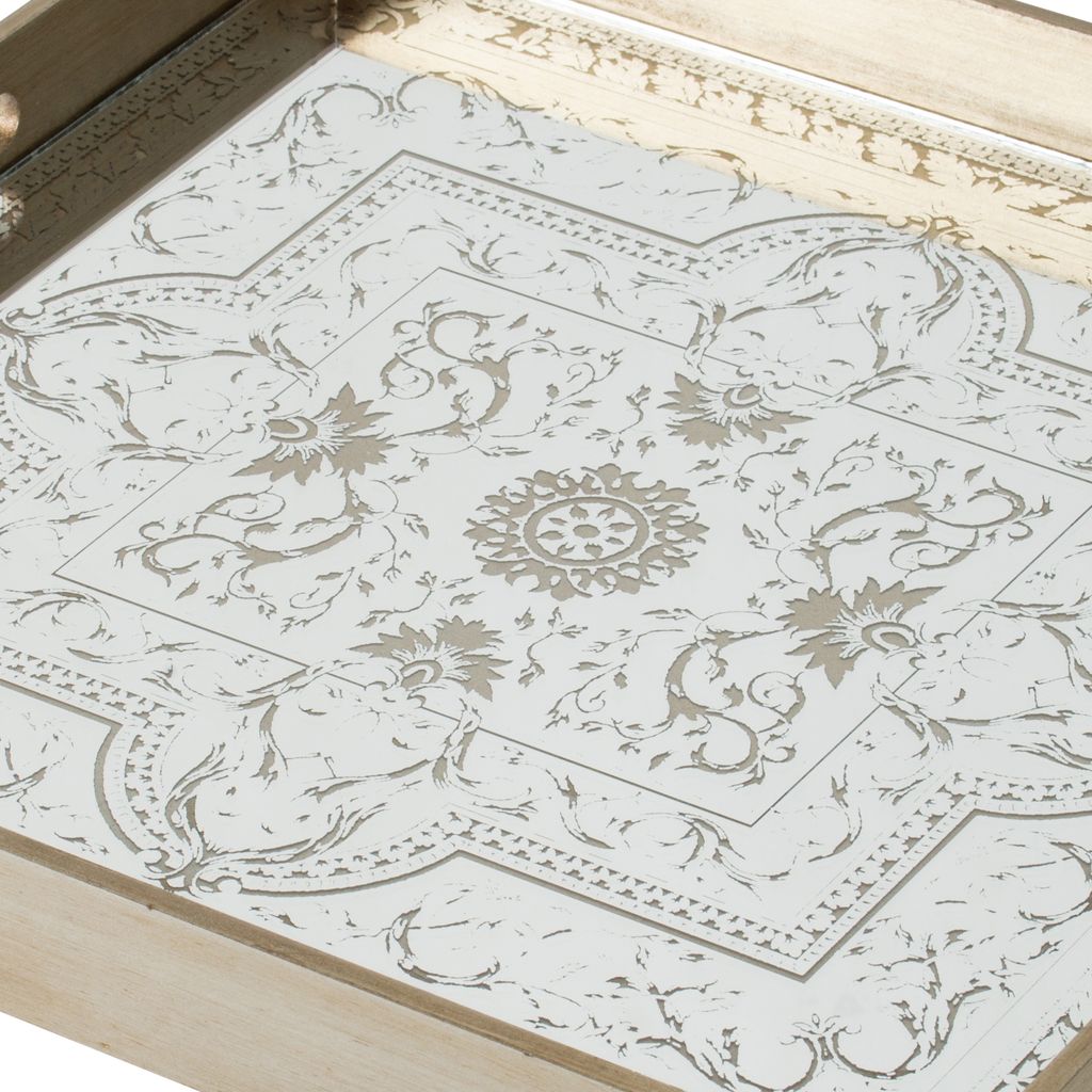 Miki 20 Inch Square Decorative Tray, Artisan Mirrored Floral Pattern, Gold - View 2