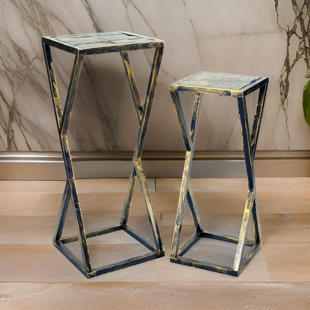 Stone Top Plant Stand with Geometric Base, Set of 2, Black and Gray - View 7
