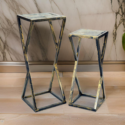 Stone Top Plant Stand with Geometric Base, Set of 2, Black and Gray - View 7