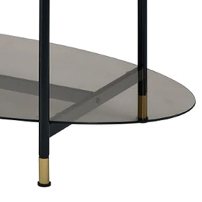 40 Inch 2 Piece Nesting Coffee Table, Faux Marble Top, Glass Shelf, Black - View 5