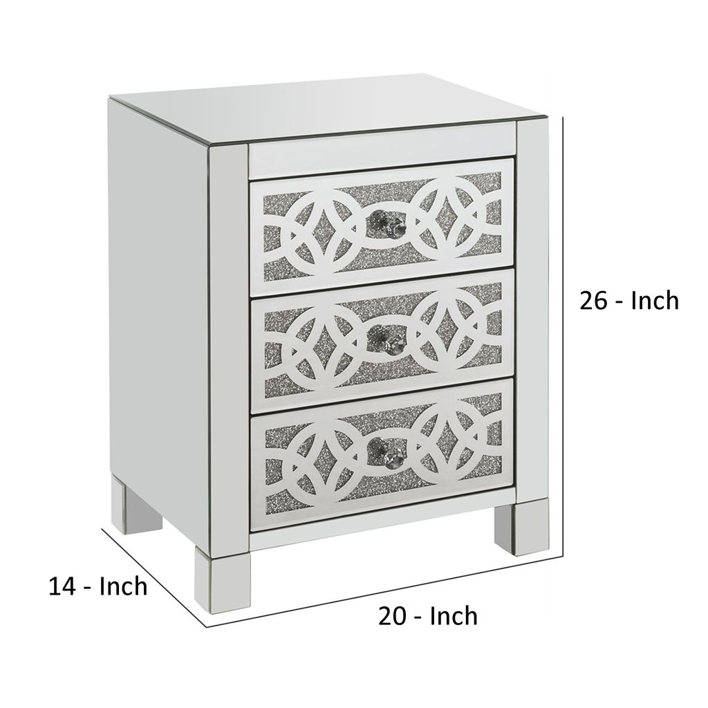Accent Table with 3 Drawers and Faux Diamond Inlays, Silver - View 6