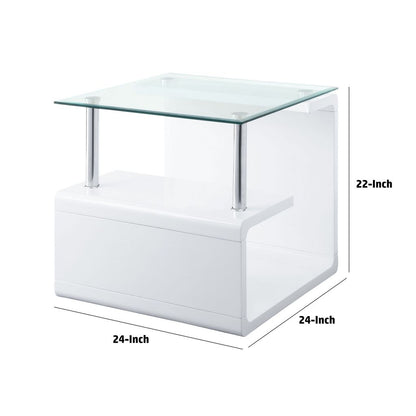 24 Inch Square Accent End Table, Glass Top, Open Shelf, White, Chrome - View 5