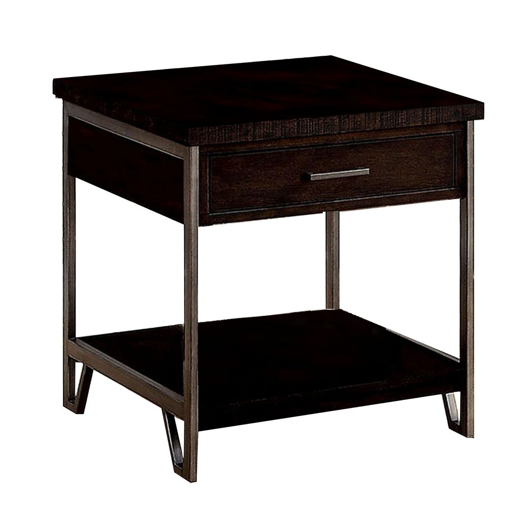 1 Drawer Wooden End Table with Metal Frame, Brown