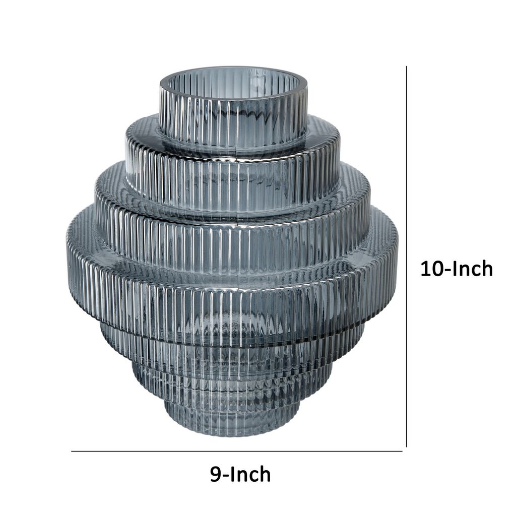 Rae 10 Inch Glass Vase, Geometric Round, Contemporary, Smokey Blue, Clear - View 5
