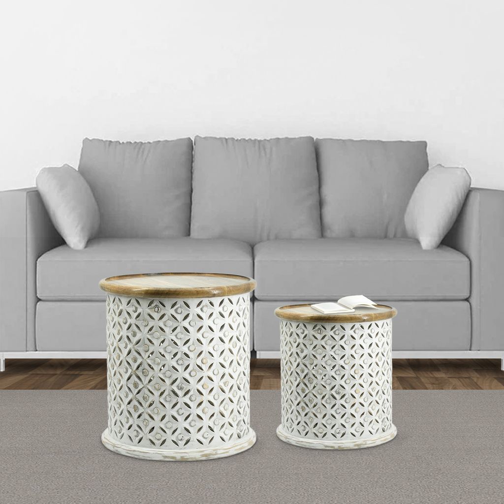 18, 16 Inch Accent Tables, Round, Mango Wood, Floral Cut Out, Brown, White - View 7