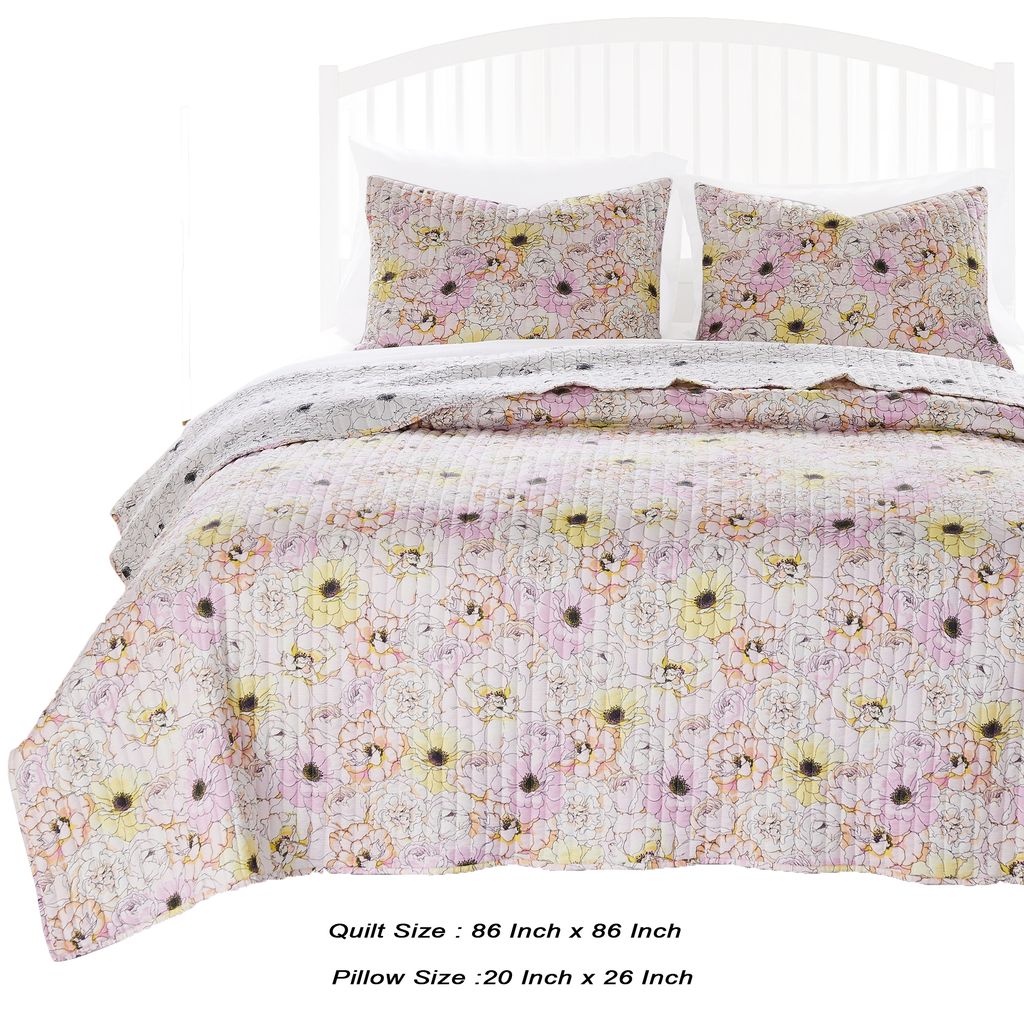 Milan 3 Piece Microfiber Blooming Flower Pattern Queen Quilt Set, White and Pink - View 5