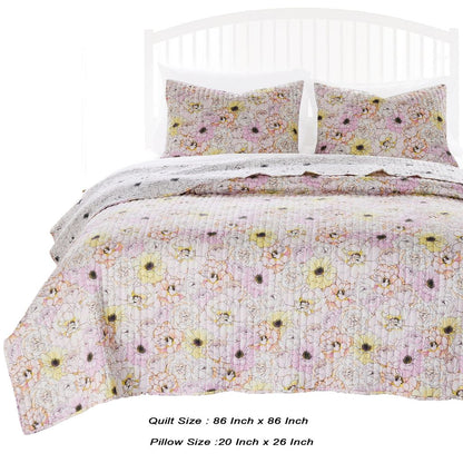 Milan 3 Piece Microfiber Blooming Flower Pattern Queen Quilt Set, White and Pink - View 5