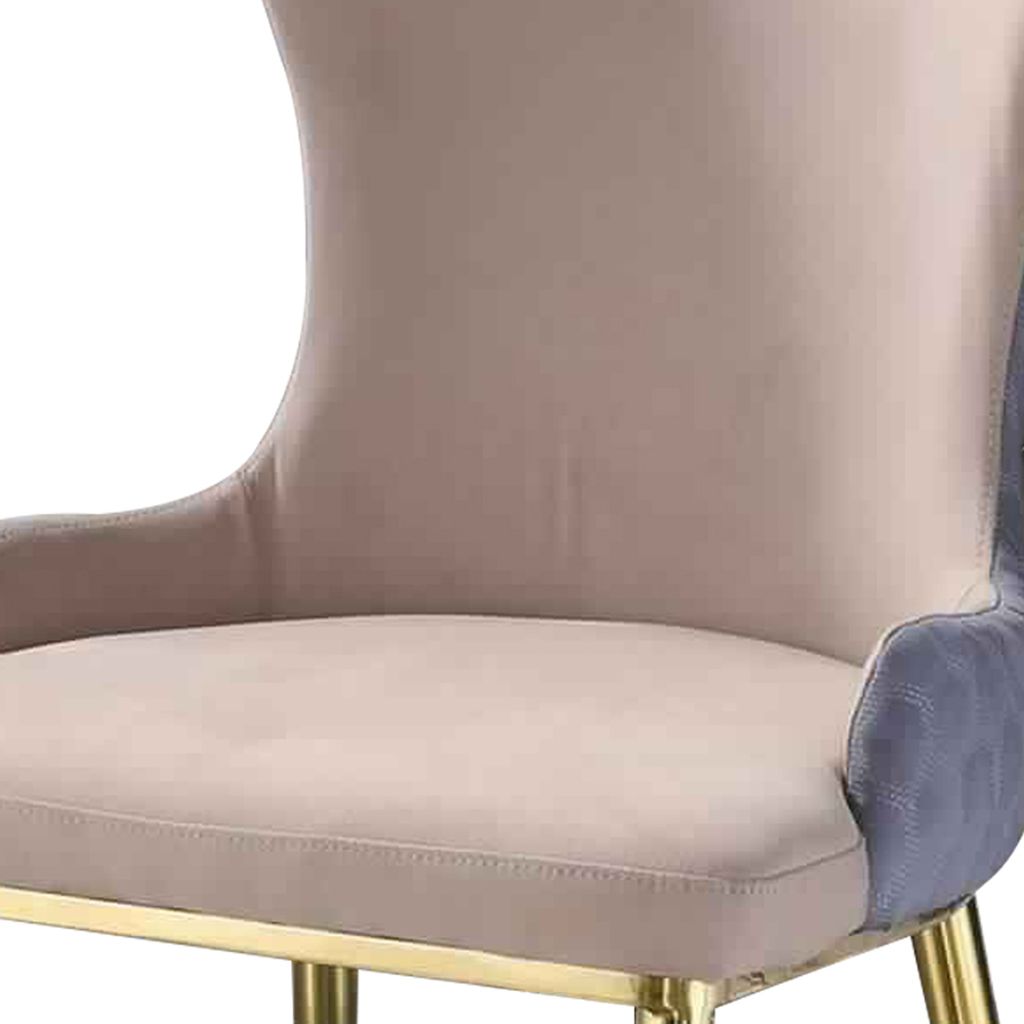 Fabric Upholstered Side Chair with Spindle Legs, Set of 2, Beige and Gold - View 3