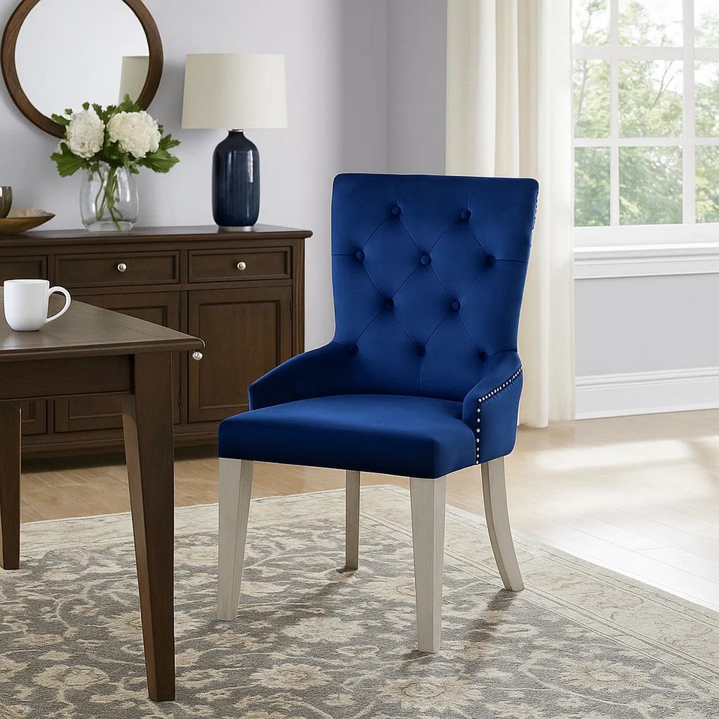 Side Chair with Button Tufted Back and Tapered Legs, Blue - View 7