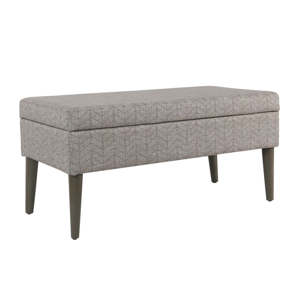Chevron Patterned Fabric Upholstered Wooden Bench with Lift Top Storage, Gray - View 3