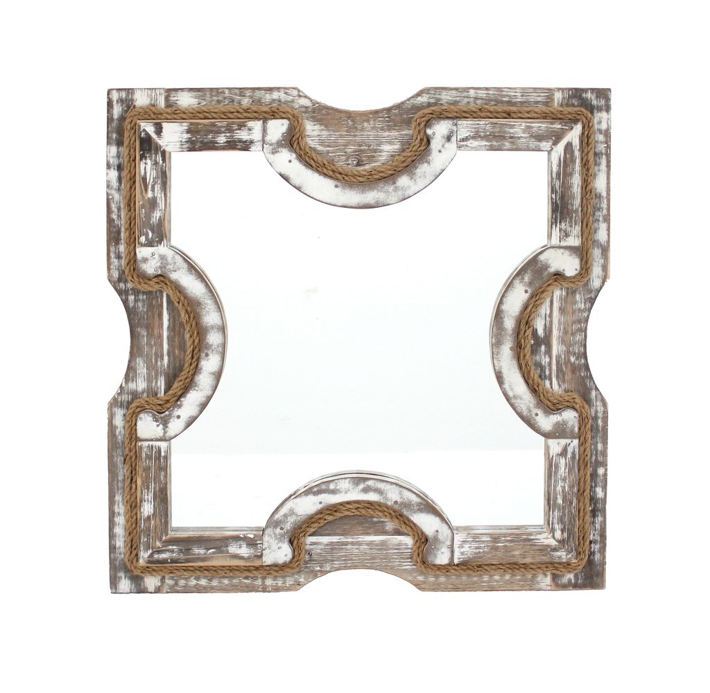 Square Wooden Wall Mirror Set of 2 with Rope Borders, Gray