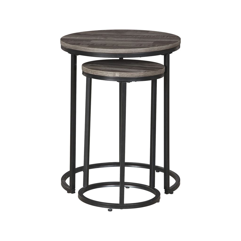 Round Wooden Top Metal Accent Table, Set of 2, Gray and Black - View 2