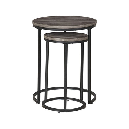 Round Wooden Top Metal Accent Table, Set of 2, Gray and Black - View 2