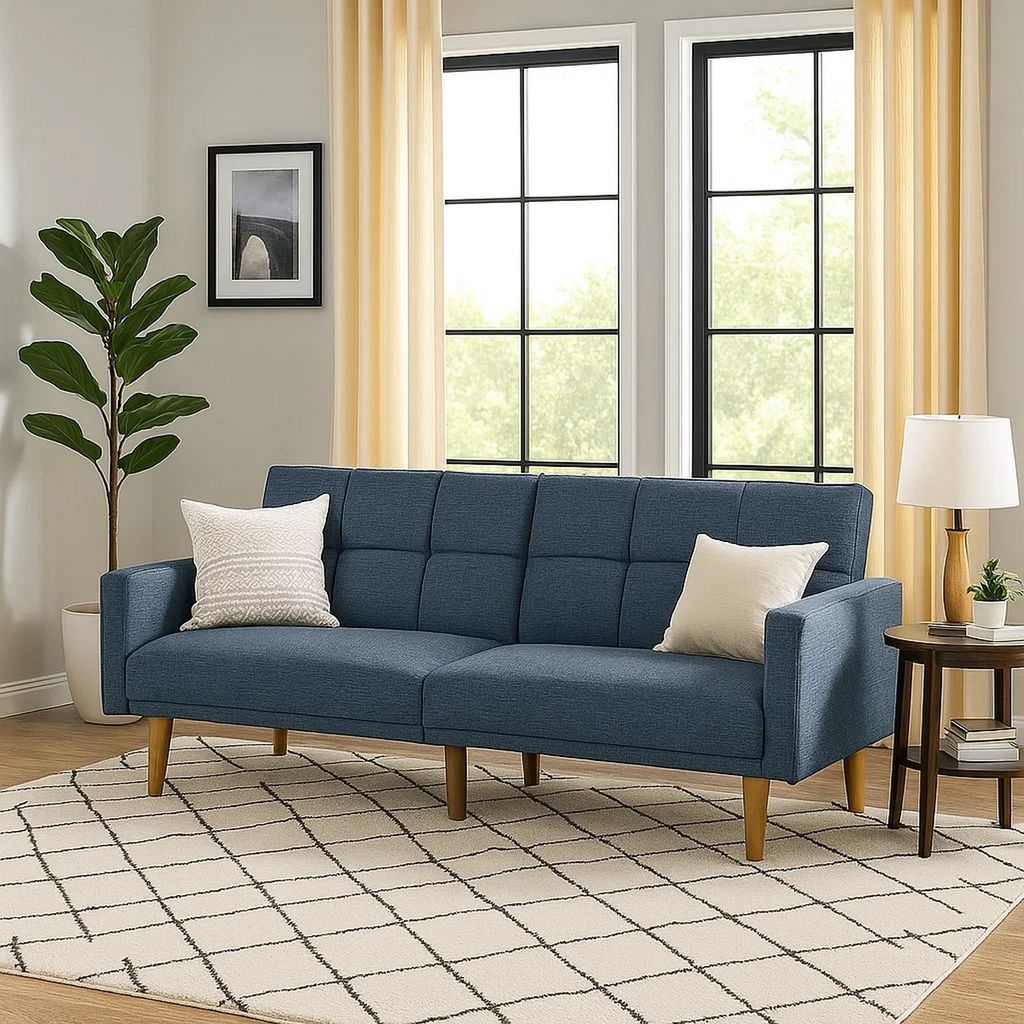 Fabric Adjustable Sofa with Square Tufted Back, Blue - View 7