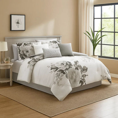 7 Piece Cotton Queen Comforter Set with Floral Print, Gray and White - View 7