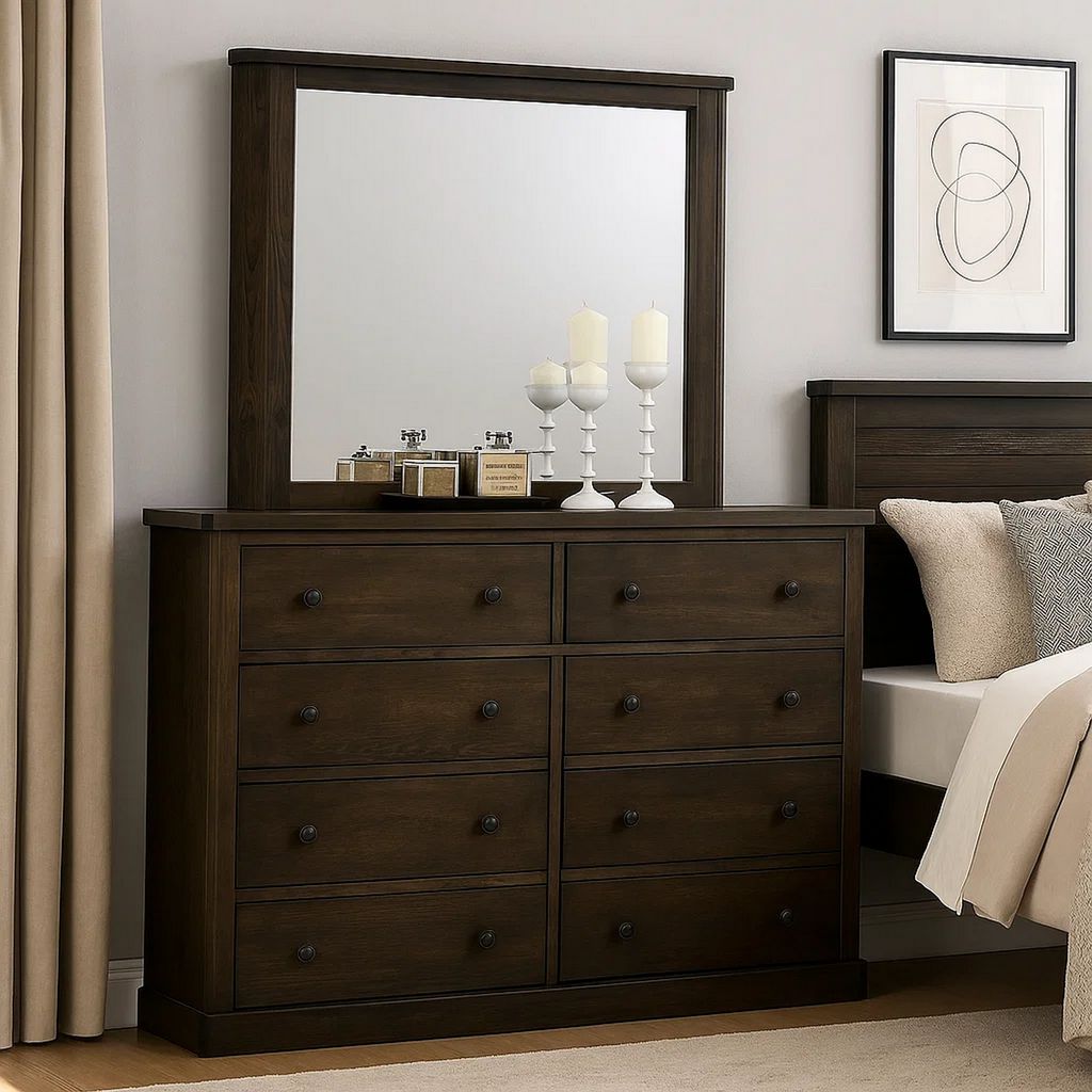 Transitional Style Wooden Decorative Mirror with Grooved Panels, Brown - View 7