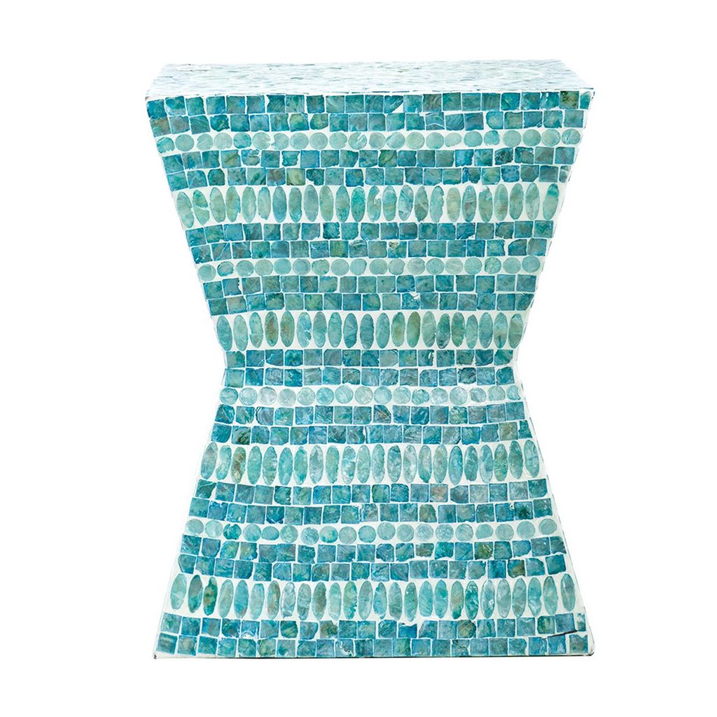 14 Inch Capiz Accent Table Stool, Blue Mosaic Geometric Hourglass Shape - View 2