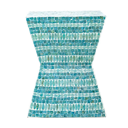14 Inch Capiz Accent Table Stool, Blue Mosaic Geometric Hourglass Shape - View 2